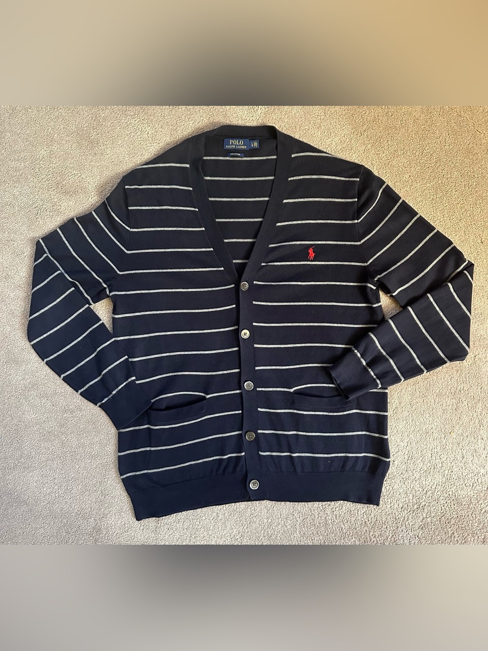 Polo Ralph Lauren Men’s Cardigan Sz Large Blue Stripe Pima Cotton With Pockets